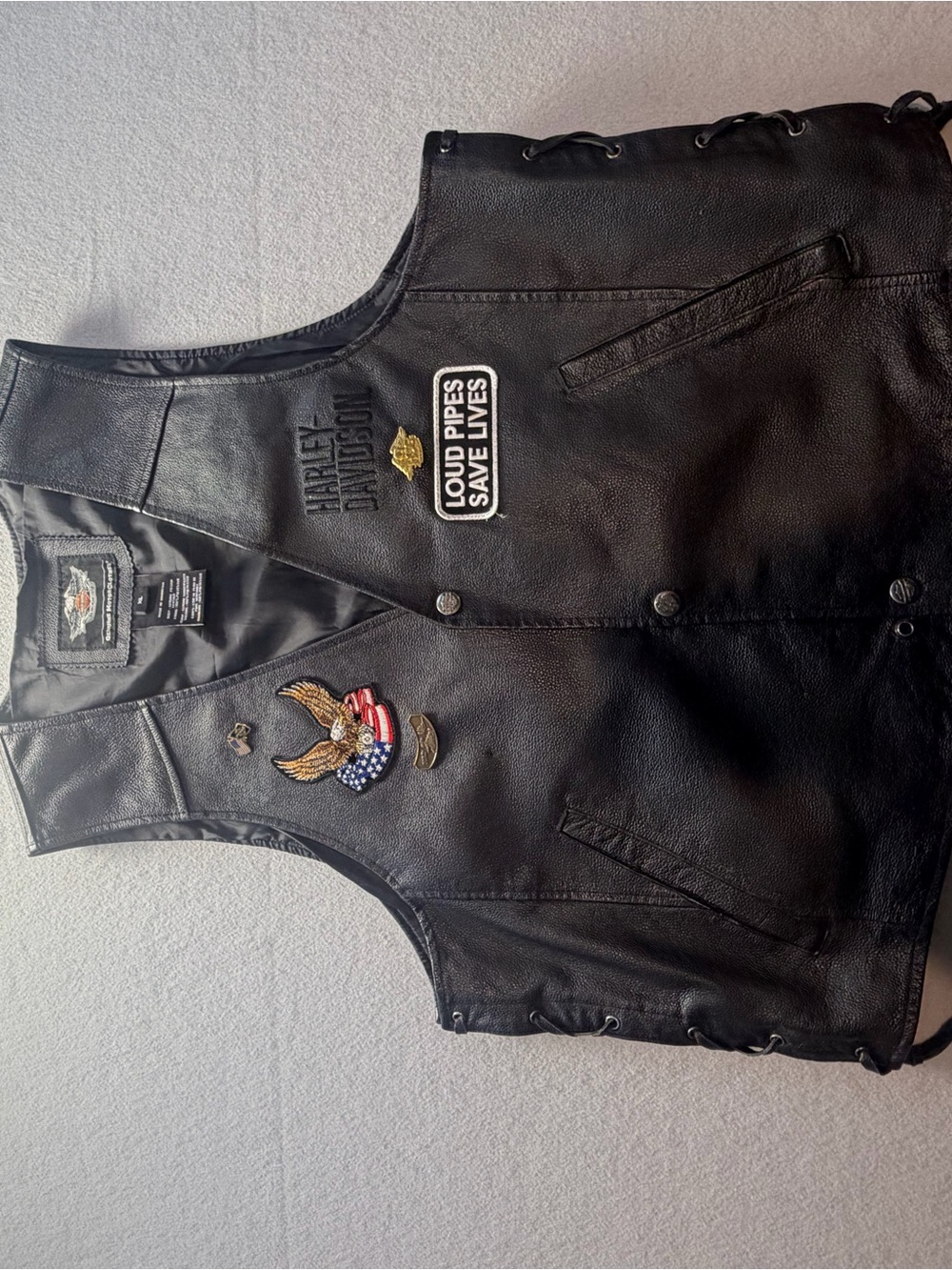 Harley-Davidson XL Leather Biker Vest with Eagle Patches & Pins